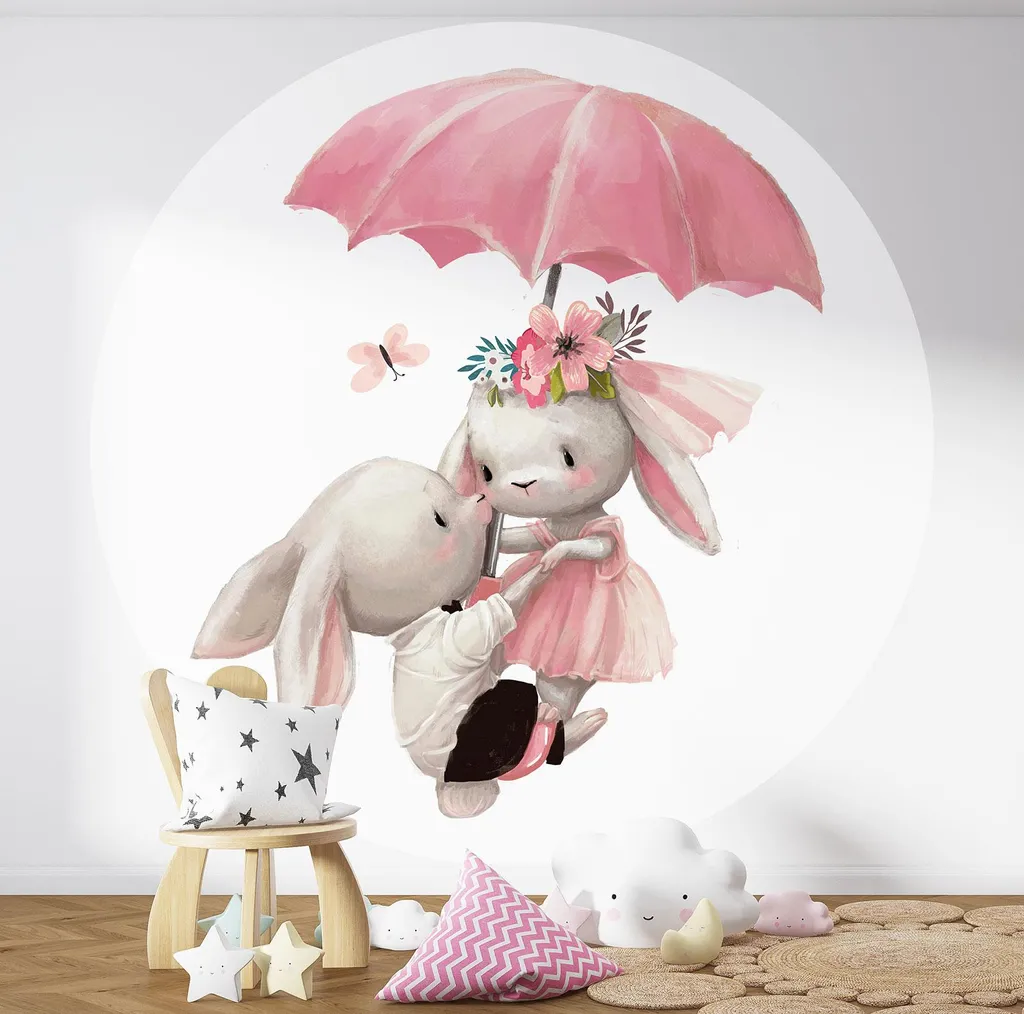 Décoration Murale Enfant Lapins : Papier Peint Rond pour Chambre Bébé