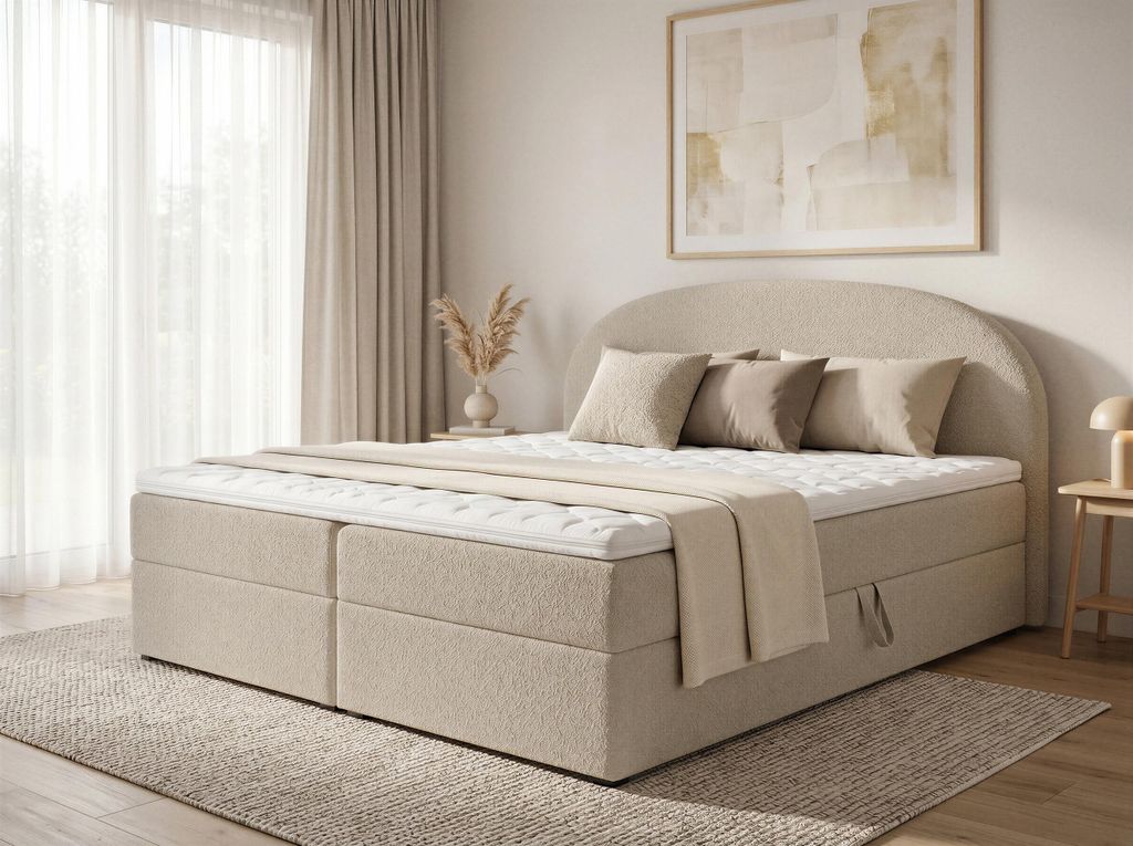 Boxspringbett Cloud mit 2 Bettkästen, Doppelbett mit Bonell-Matratze und Topper, Polsterbett in weichem Bouclé-Stoff, Bett, Bettgestell für Schl...