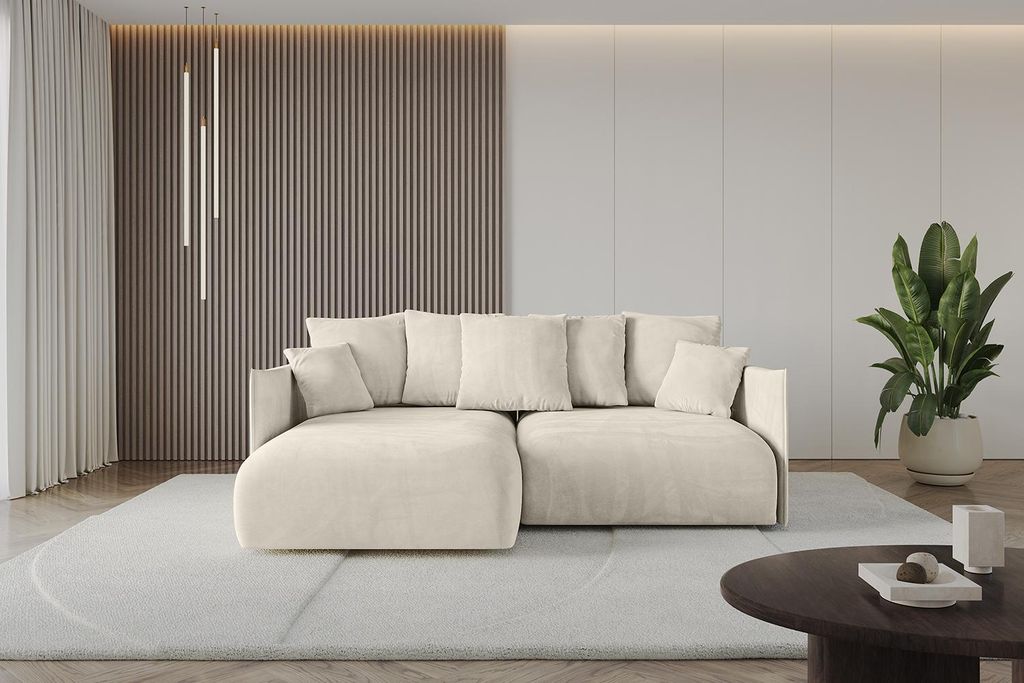 ALTDECOR Ecksofa mit Schlaffunktion und Bettkasten ONESK-L 216x177x72 cm Beige - Corner Sofa Eckcouch Couch L-Form angeordnet Schlafcouch Ausziehba...