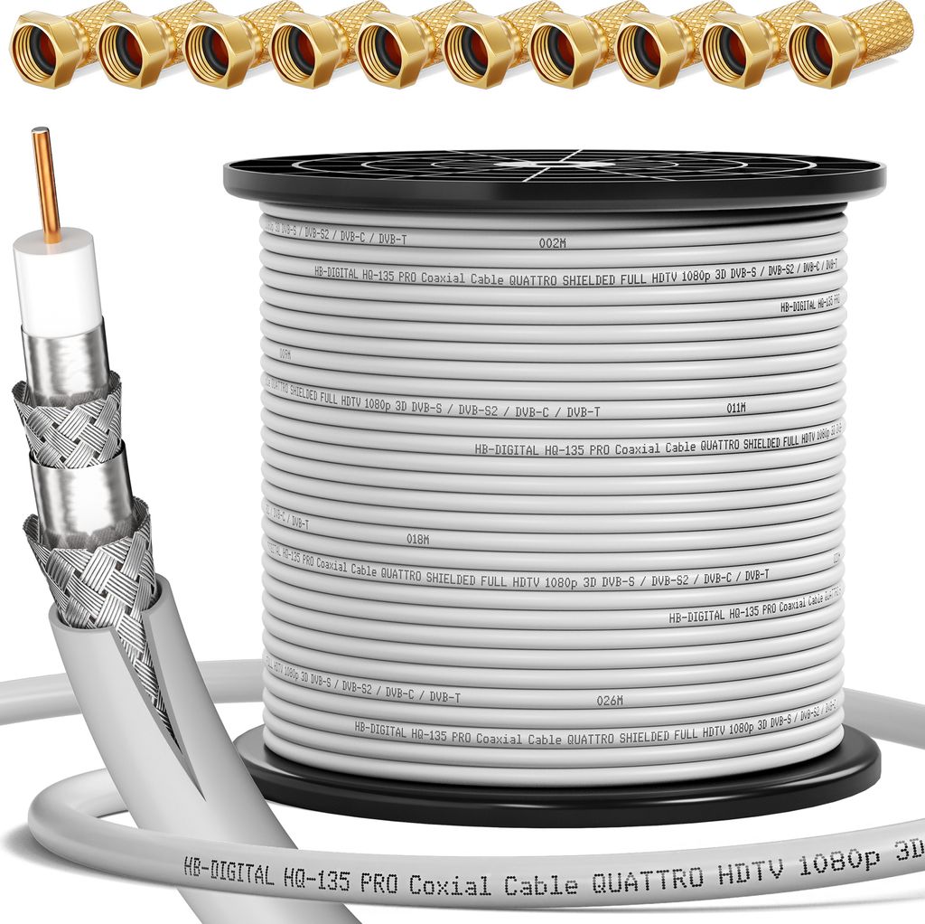 hb-digital 250m Koaxialkabel HQ 135dB 4-Fach geschirmt Stahl Kupfer weiß + 10 F-Stecker