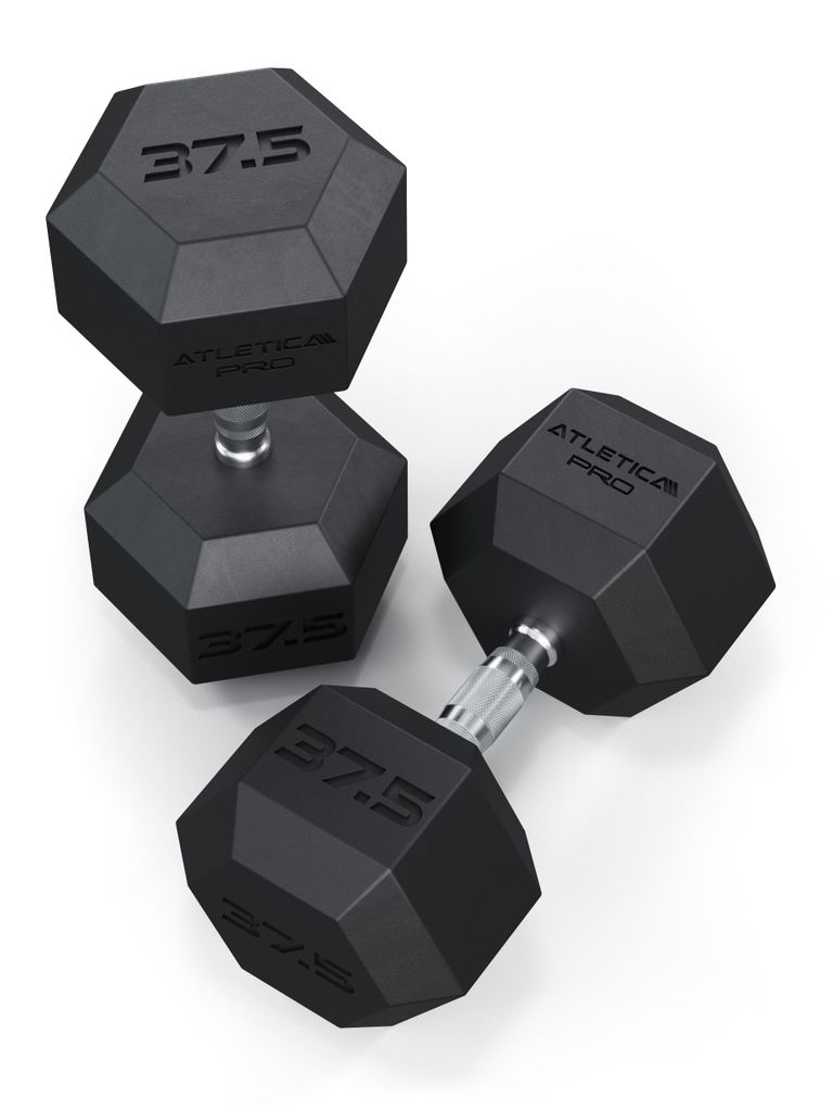 ATLETICA Hexagon Hanteln PRO | 2x37.5kg | Paarweise | Stoßdämpfende CPU-Ummantelung höchster Qualität | Für Drops geeignet | Hartverchromter G...