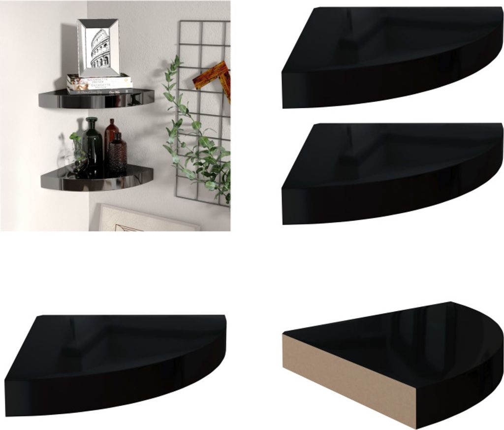vidaXL Eck Schweberegale 2 Stk. Hochglanz Schwarz 25x25x3,8 cm MDF - Wandregal - Wandregale - Schwebendes Wandregal - Wandregal Schwebend