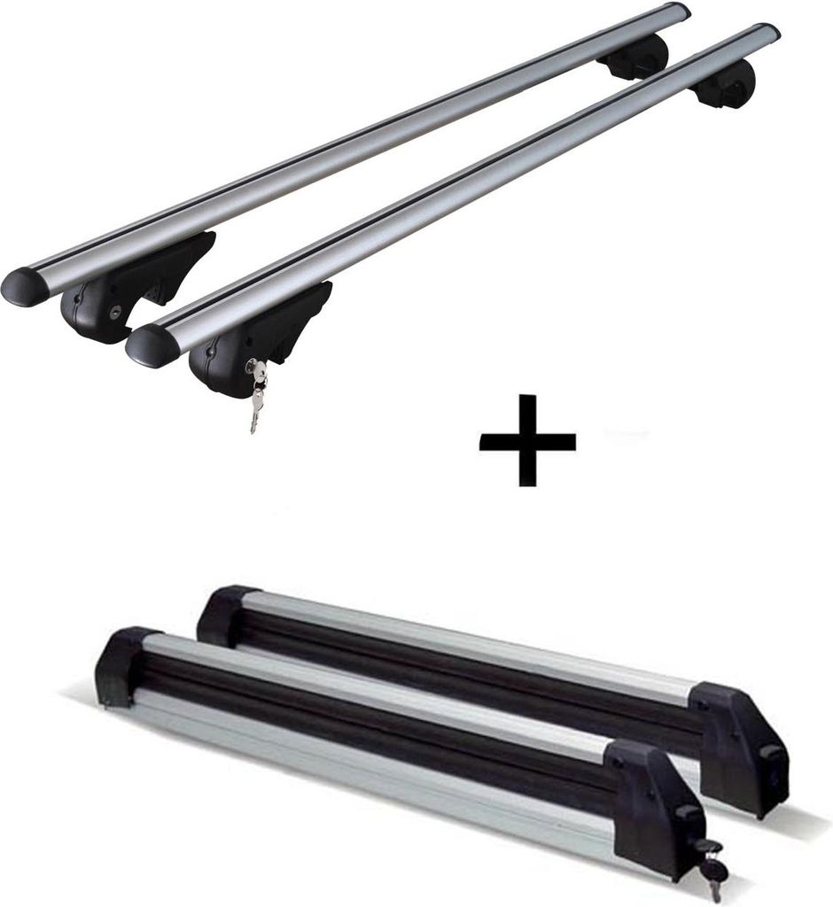 Dachträger Rio 120 + Skiträger / Snowboardträger / Skihalter Silver Ice ausziehbar kompatibel mit für Mercedes C-Klasse Kombi 93-14