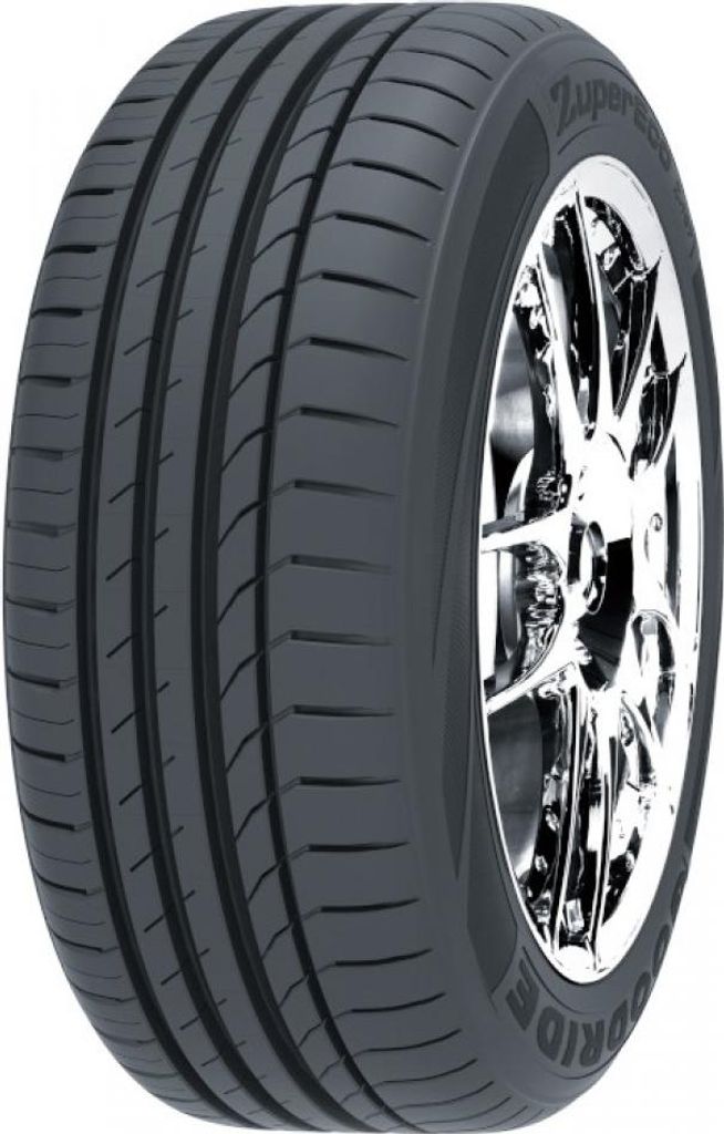 A close-up studio shot of a single car tire.