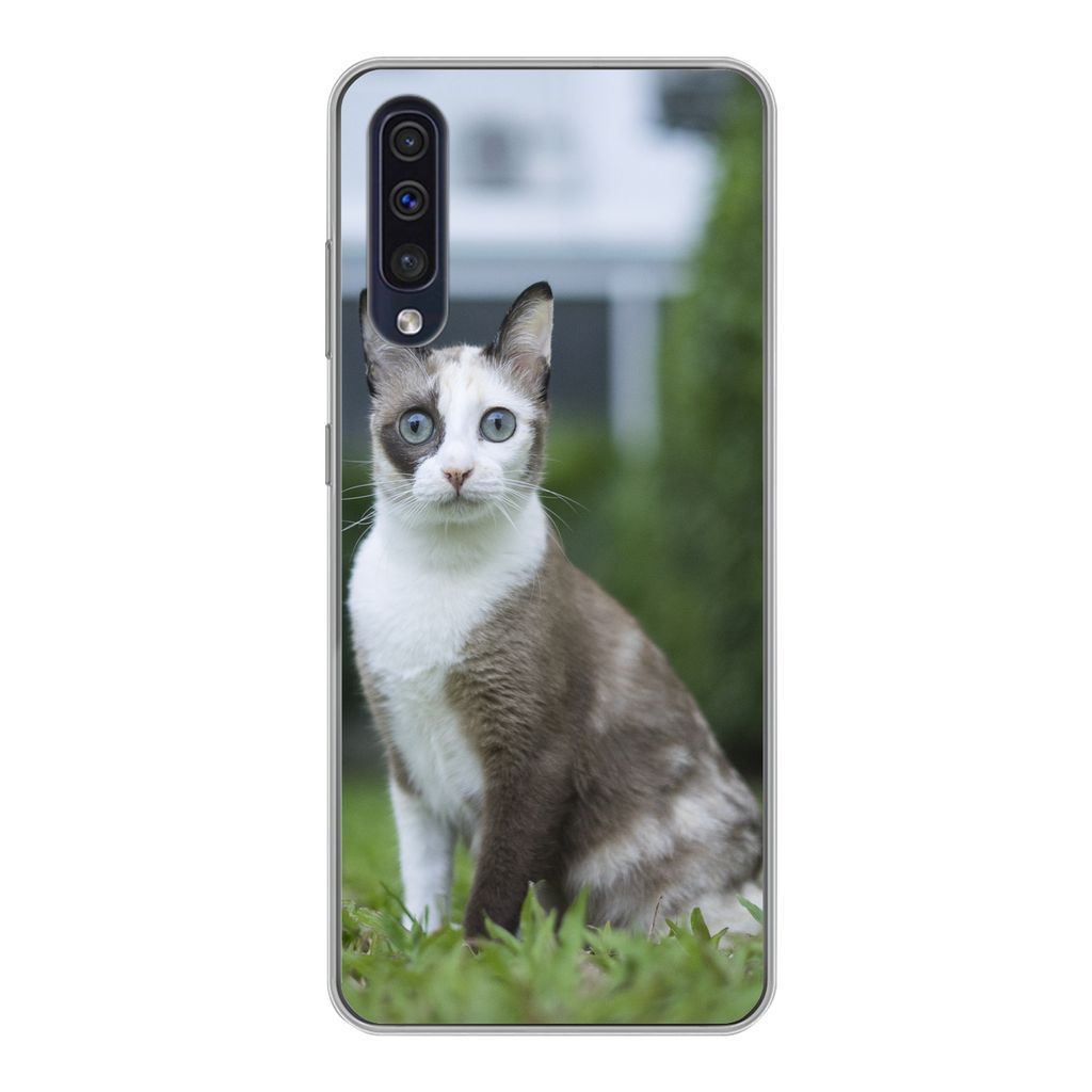 MuchoWow Handyhülle Schutzhülle Hülle für Samsung Galaxy A30s Katze - Siamese - Gras - Mädchen - Kinder - Jungen - Kind Silikon Softcase Han...