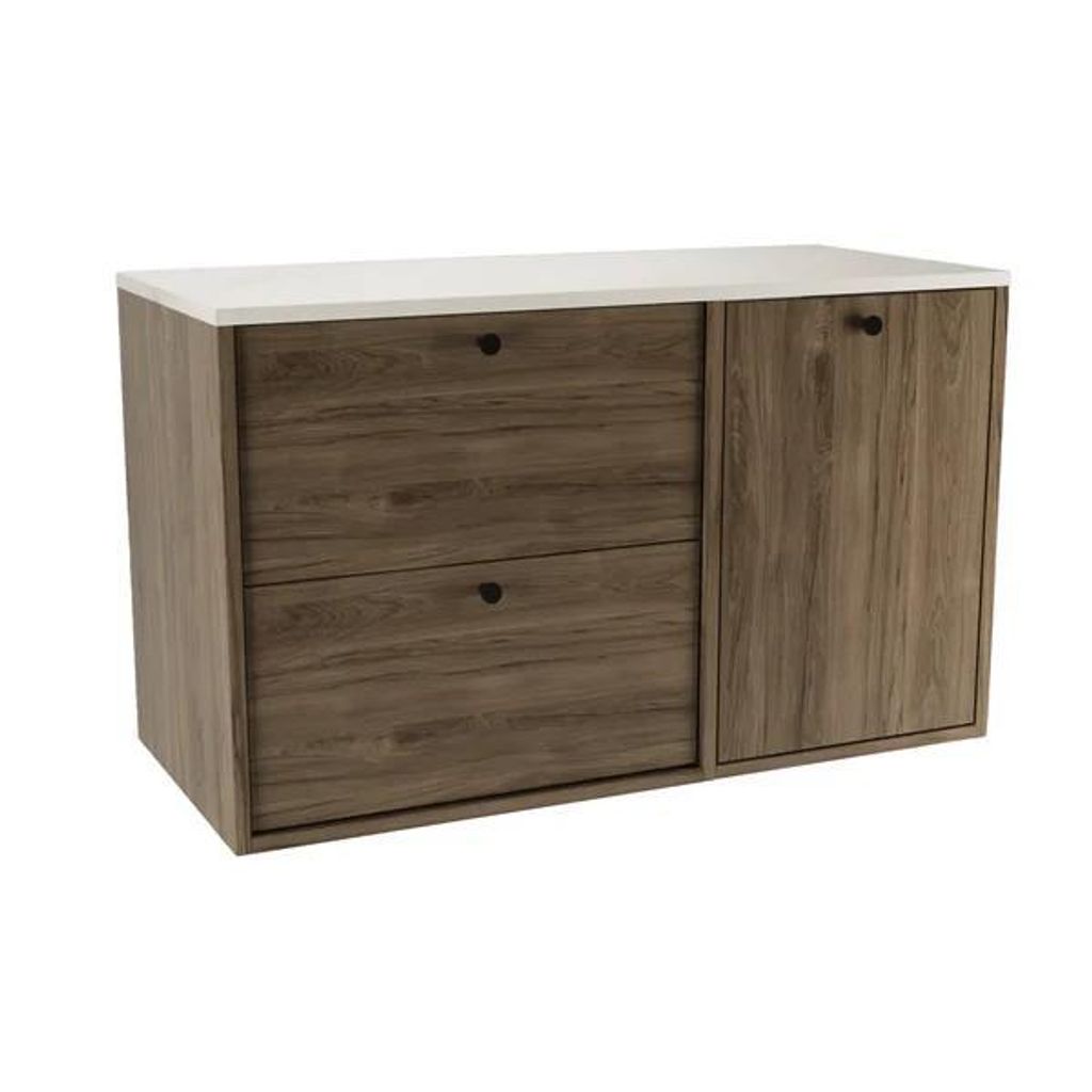 WENA Waschtischunterschrank 100 cm mit Wäschekorb gerade Fronten, Griffe aus Metall in der Farbe Schwarz Belino (Farbe: Walnuss Dunkel/Marmor Weiß)