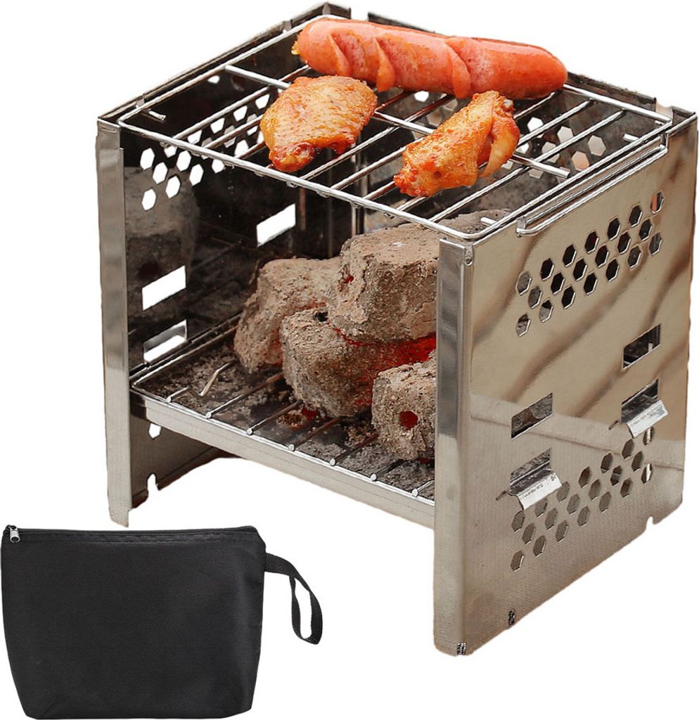 Zusammenklappbare 19cm x 15cm Mini Größe Feuerstelle mit Tragetasche, Edelstahl Backpacking Grill Holzkohle für Kochen BBQ im Freien