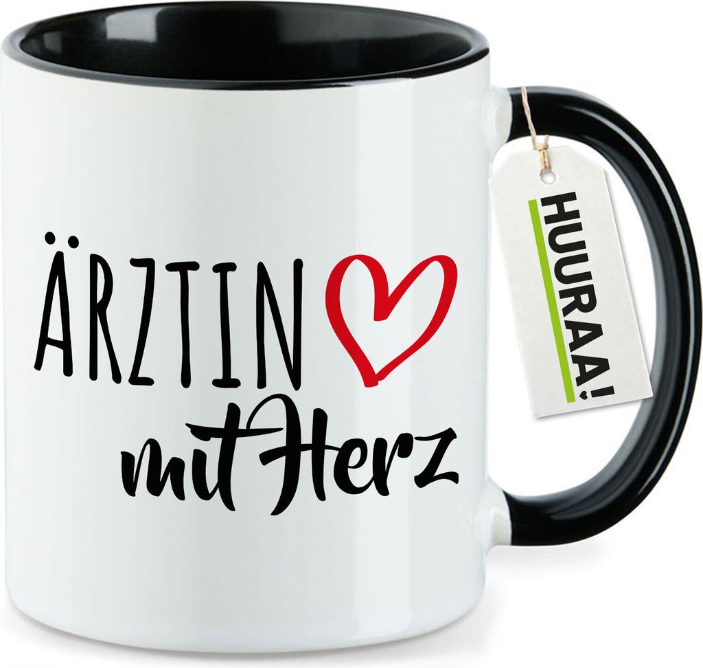 Huuraa Kaffeetasse Ärztin mit Herz 330ml Schwarz Keramik Kaffeebecher Geschenkidee