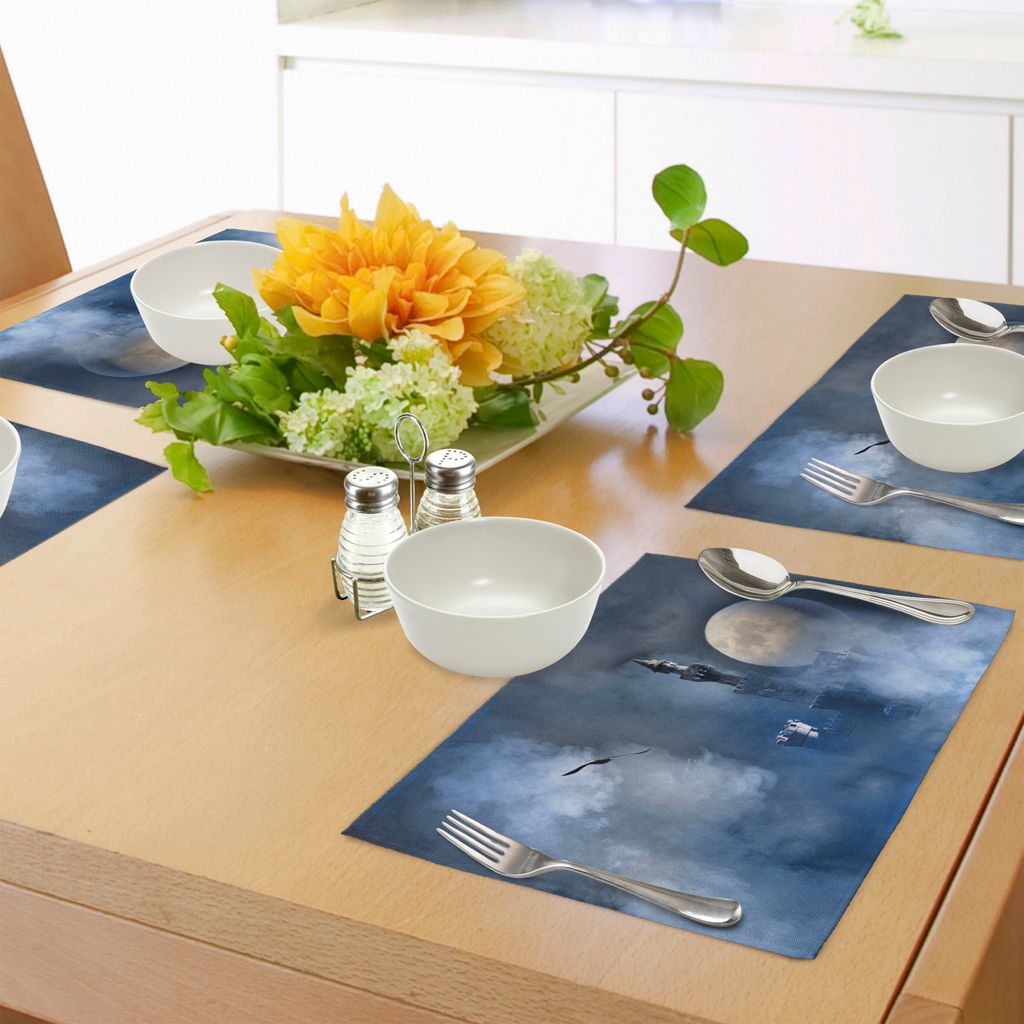 ABAKUHAUS Fantasie Platzmatten, Burg auf Wolken bei Mond Nacht Scary Gothic Fiction mittelalterliche Mythologie böse Grafik, Tiscjdeco aus Farbfes...