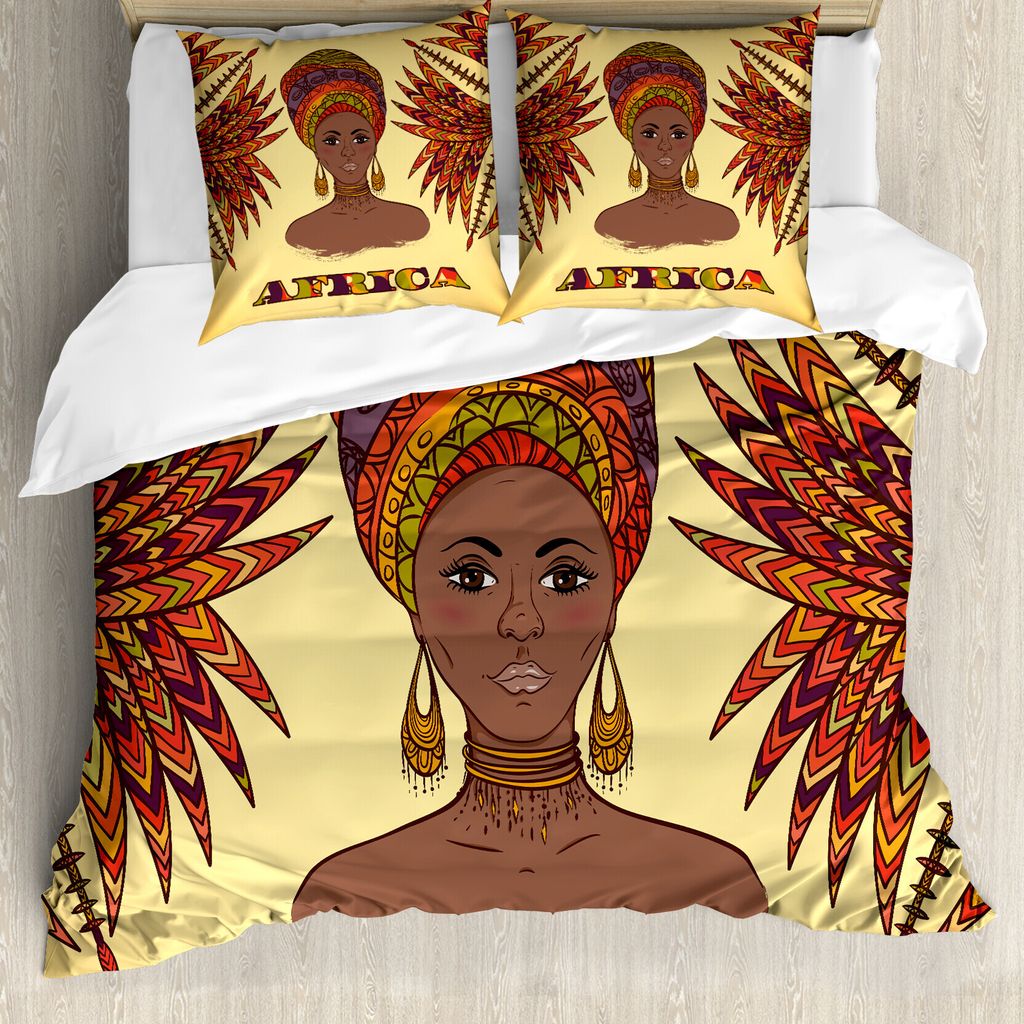 ABAKUHAUS Afrika Bettbezugs Set Für Doppelbetten, Frau Turban Palmen Kulturell, Milbensicher Allergiker geeignet mit Kissenbezügen, Kakao Hell Or...