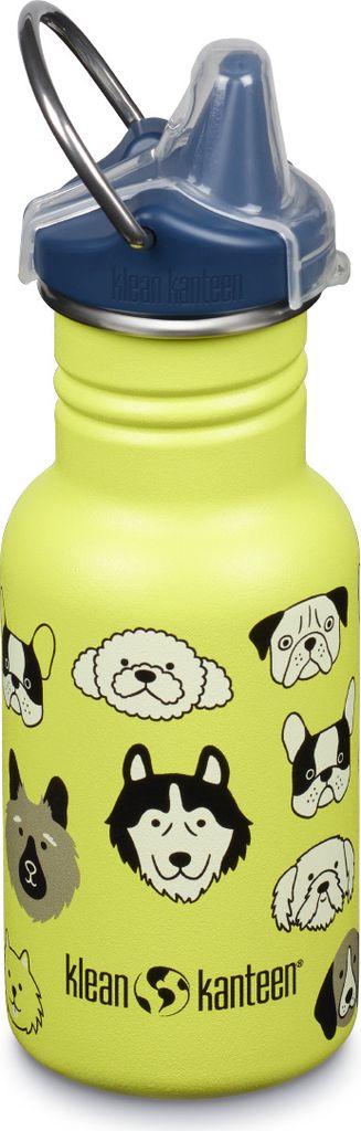 A yellow Klean Kanteen sippy cup with a blue lid and a pattern of dog faces.