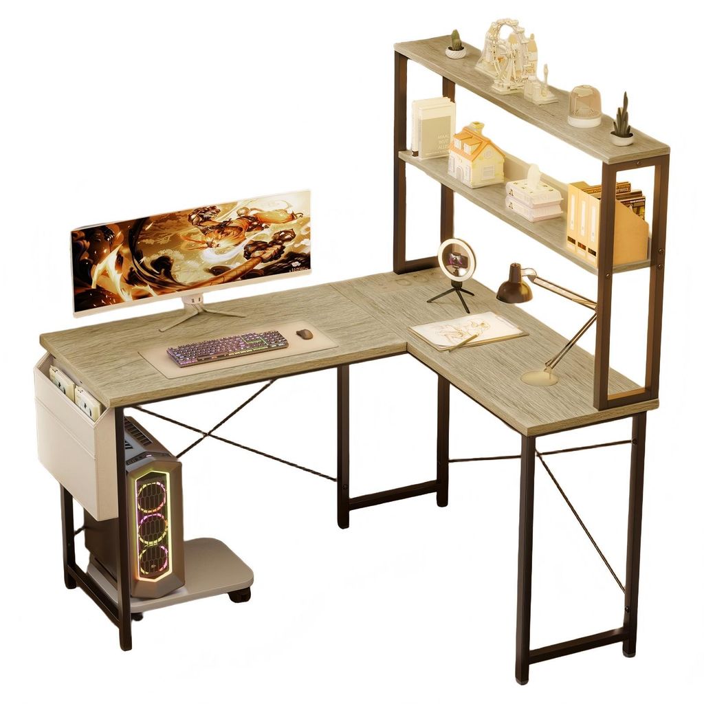 AIORBER L-Form Gaming Schreibtisch 148cm mit LED Beleuchtung USB Anschlüssen Eck Computertisch Bürotisch mit Regal und Aufbewahrung Beige