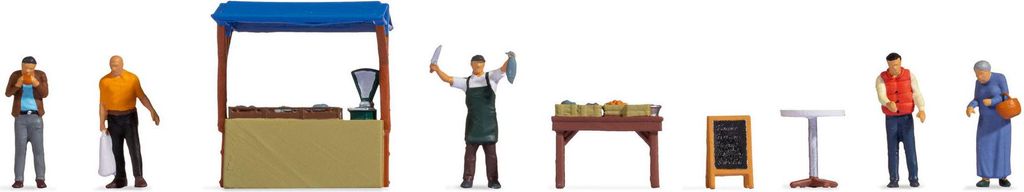 NOCH H0 Figuren-Themenwelt „Fischstand“, Handkoloriert H0 Figurenset Wochenmarkt Zubehör