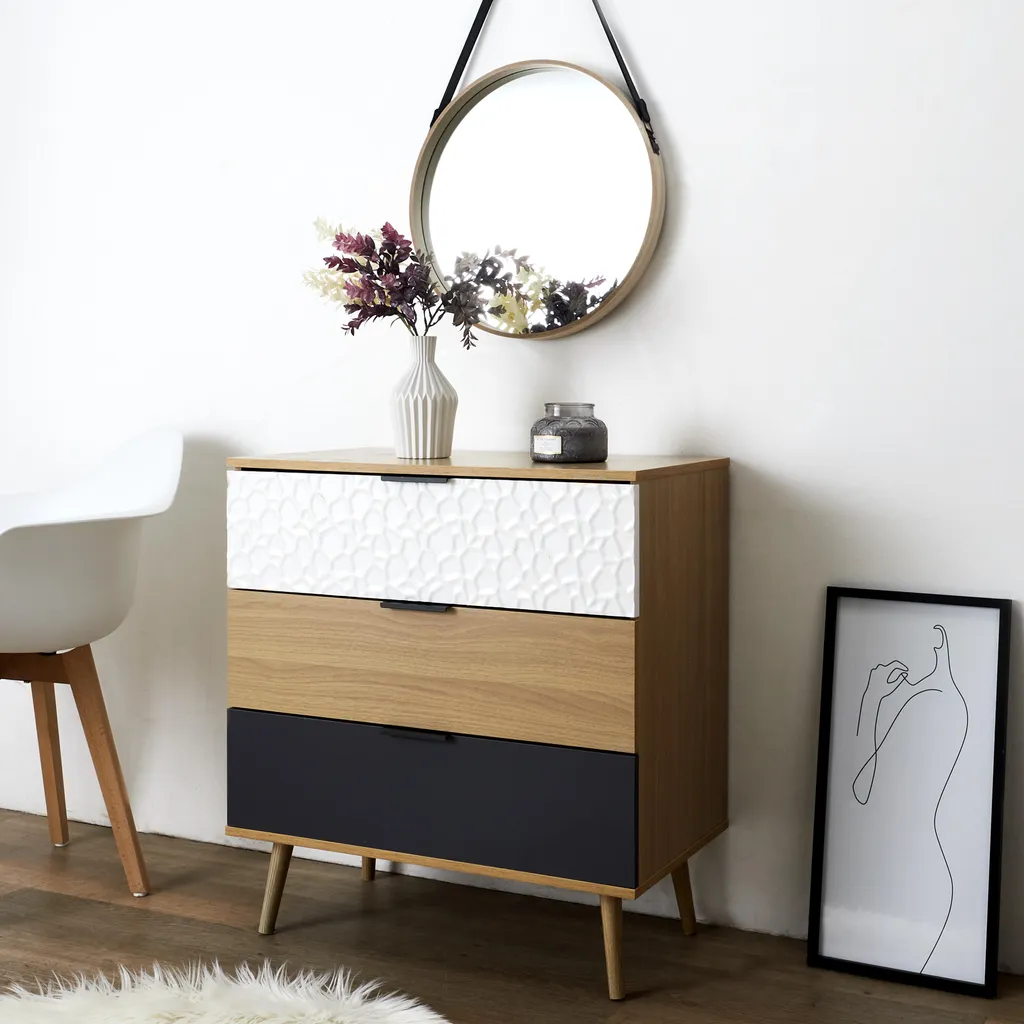Commode 3 Tiroirs Sven : Meuble de Rangement Scandinave Bois et Blanc
