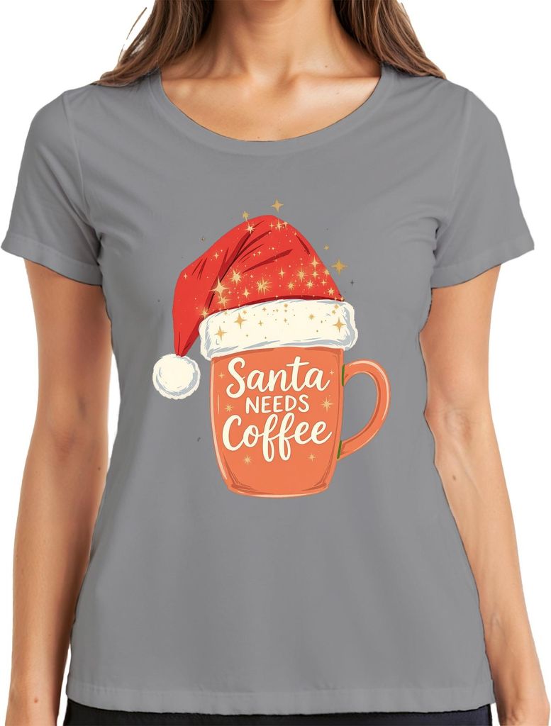Santa Needs Coffee Weihnachtsmann Kaffee Weihnachten Geschenk Damen T-Shirt, Grau, L