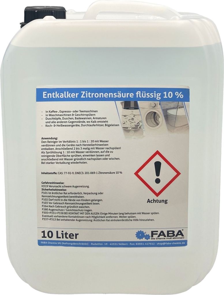 Entkalker Universal 10 L, vielseitig anwendbar, Gerätereiniger, Kaffeevollautomat, Zitronensäure 10 %