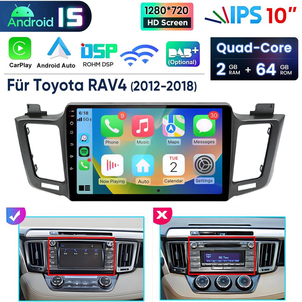 10"Carplay Android 15 Autoradio Für Toyota RAV4 2013-2018 Produktbild 