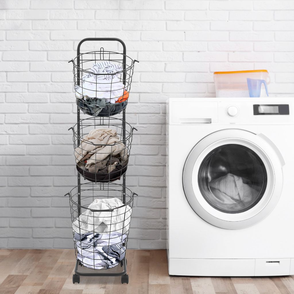 Wäschekorb auf Rädern, 3-stufige große Wäschekörbe, Kleidung sortierende Wäschekörbe, Schwarz