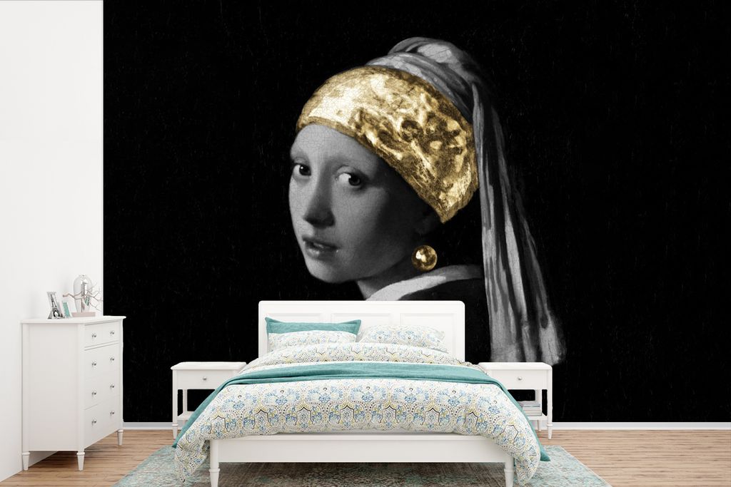 MuchoWow Fototapete für Wohnzimmer oder Schlafzimmer Wandtapete Vinyl Motivtapete Mädchen mit einem Perlenohrring - Vermeer - Gold - 450x300 cm...