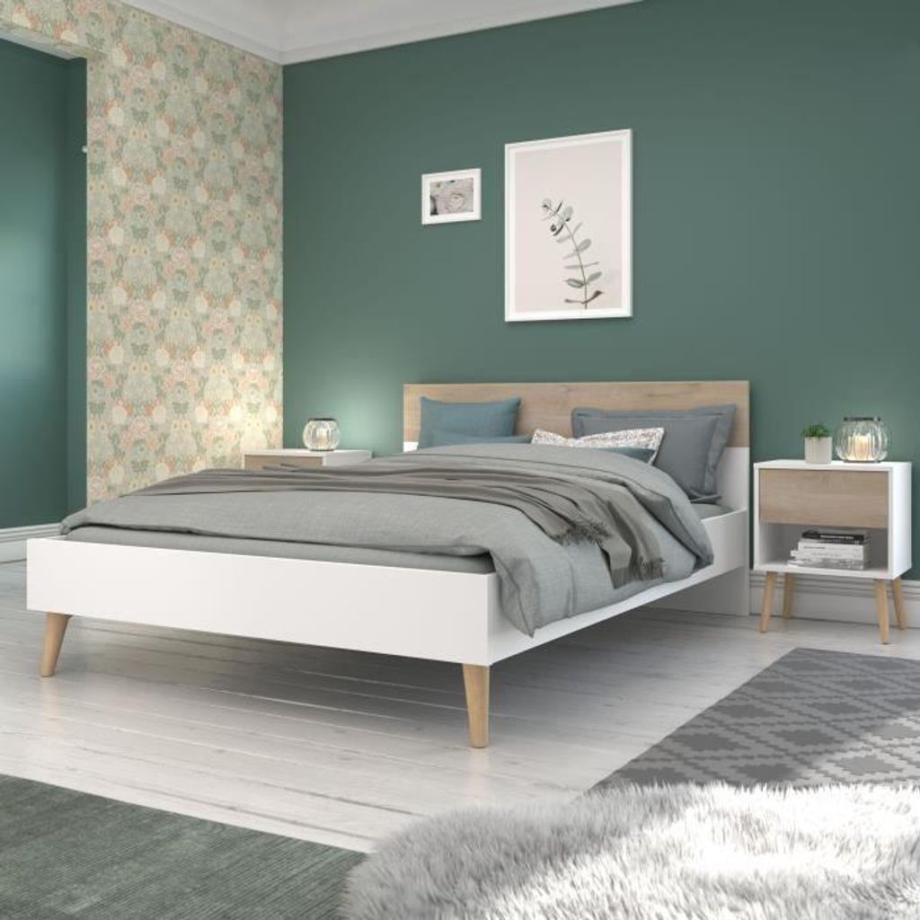 Bett, AALBORG, 140x190 cm, Skandinavischer Stil, Französische Herstellung, Weiß und Eiche