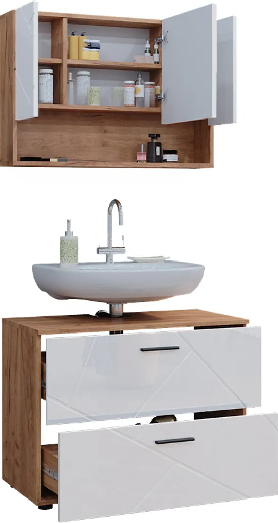 Ensemble Vicco Irma Blanc Brillant Chêne Doré : Meuble 80cm Design Moderne