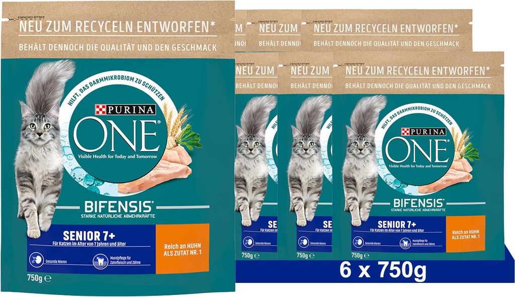 PURINA ONE BIFENSIS SENIOR 7+ Katzenfutter trocken, reich an Huhn, 6x750g (6 x 750g)