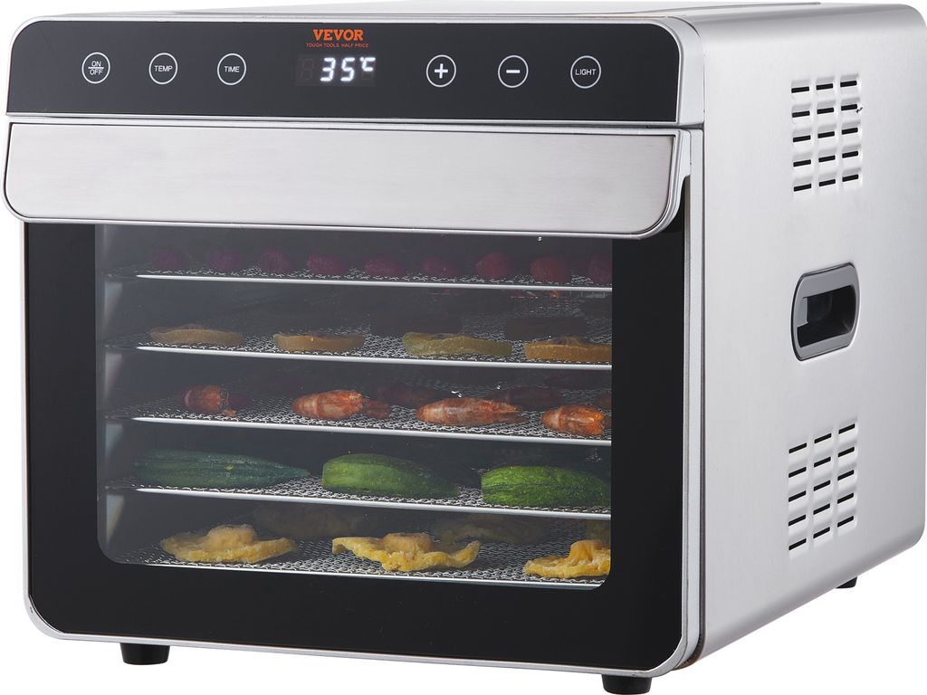 VEVOR 700 W Dörrautomat Edelstahl, 300 x 280 mm 6 Stk. Tabletts 360° Trocken, Dörrgerät, 35-85°C Temperaturregelung, 0,5 bis 48-Stunden-Timer,...