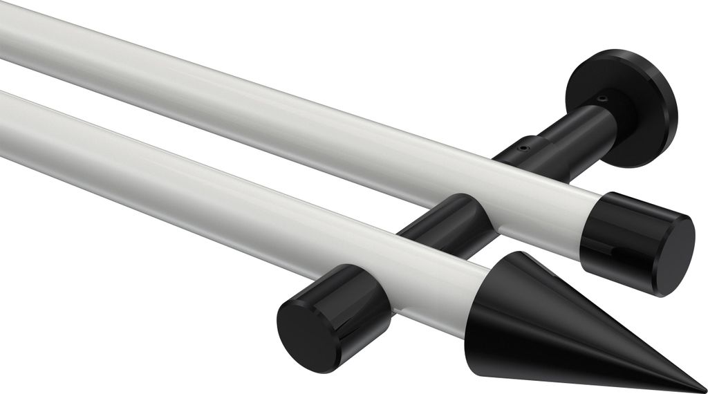 Interdeco Gardinenstange / Vorhangstange Weiß / Schwarz, Typ Prestige Savio (Kegel) ohne Ringe, 20 mm Ø 2-läufig, 200 cm