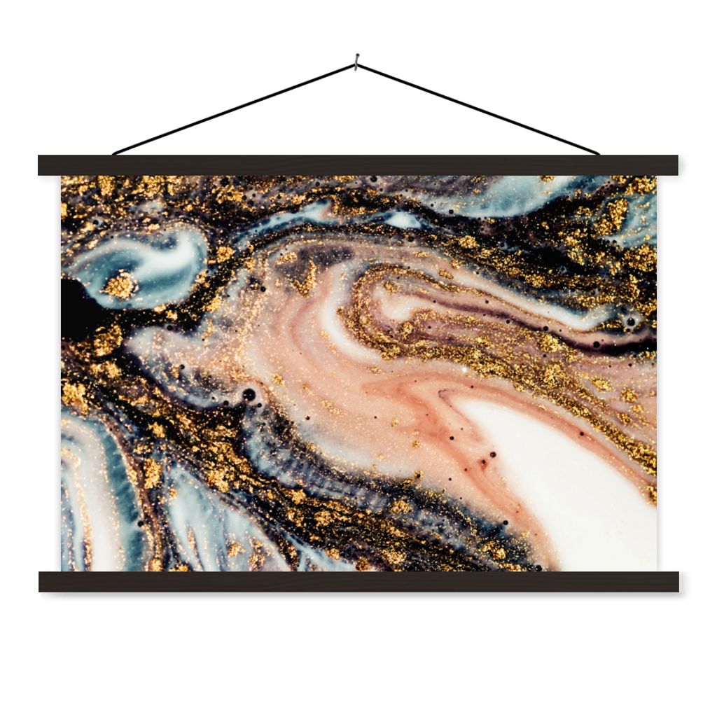 MuchoWow Textilposter Marmoroptik - Gold - Schwarz - Glitzer - Chic 90x60 cm mit schwarzem Rahmen - Aufhängungssatz