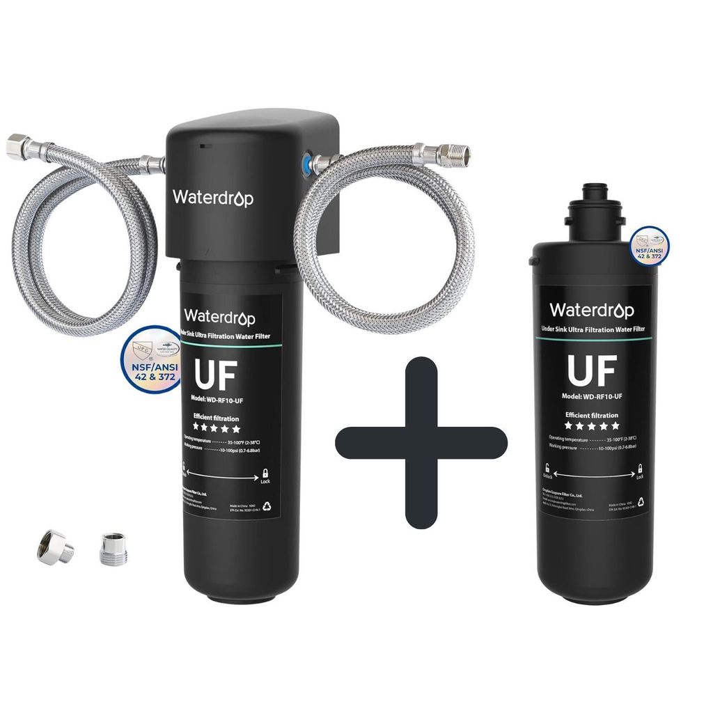 A water filter system and a replacement filter are shown together with a plus sign in between them.