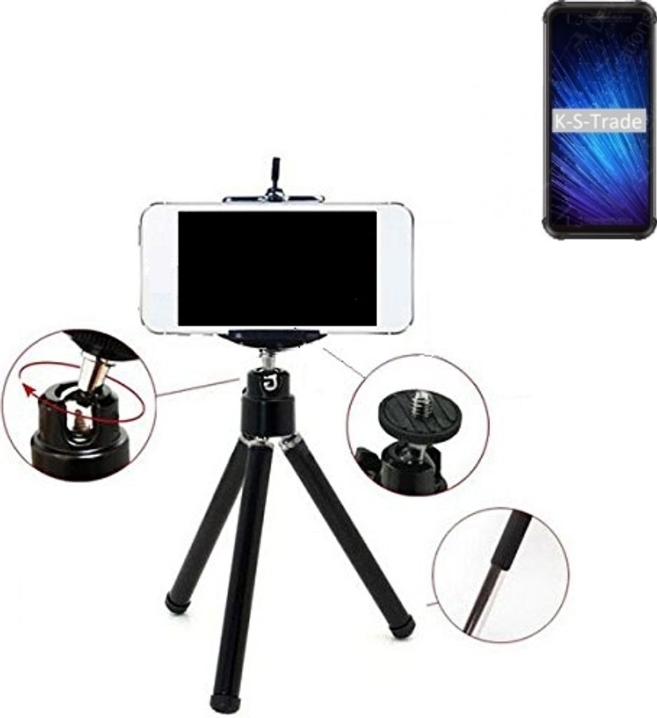 K-S-Trade Smartphone Stativ Dreibein kompatibel mit Blackview BV9800 Pro Tripod aus Aluminium Klemmstativ Stativ Adapter für Mobiltelefone schwarz