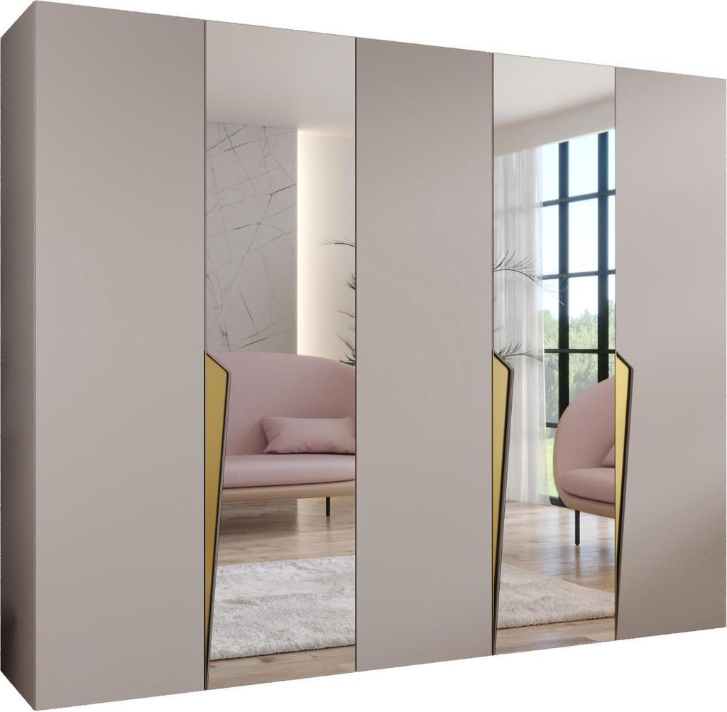 MEBLE KRYSPOL Schrank 250x202x52 cm mit Kleiderstange & Spiegel, 5xTür, PIANO, Kaschmir, Griff Gold