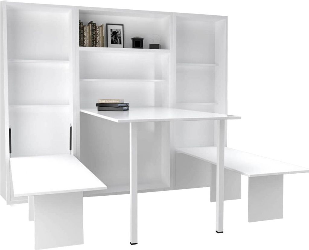 Klapptisch-Set Case Weiß für 5 Personen, mit Regalfächern und gepolsterter Sitzbank, 87x160x22 cm (geklappt)