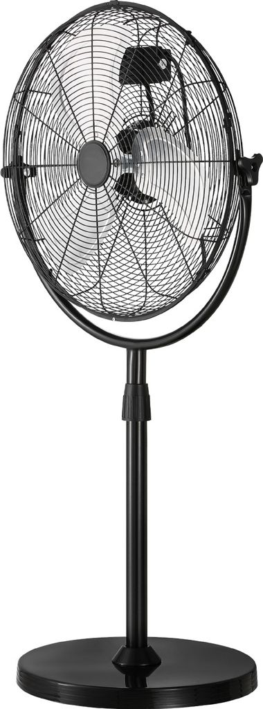 A black stand fan is shown against a white background.