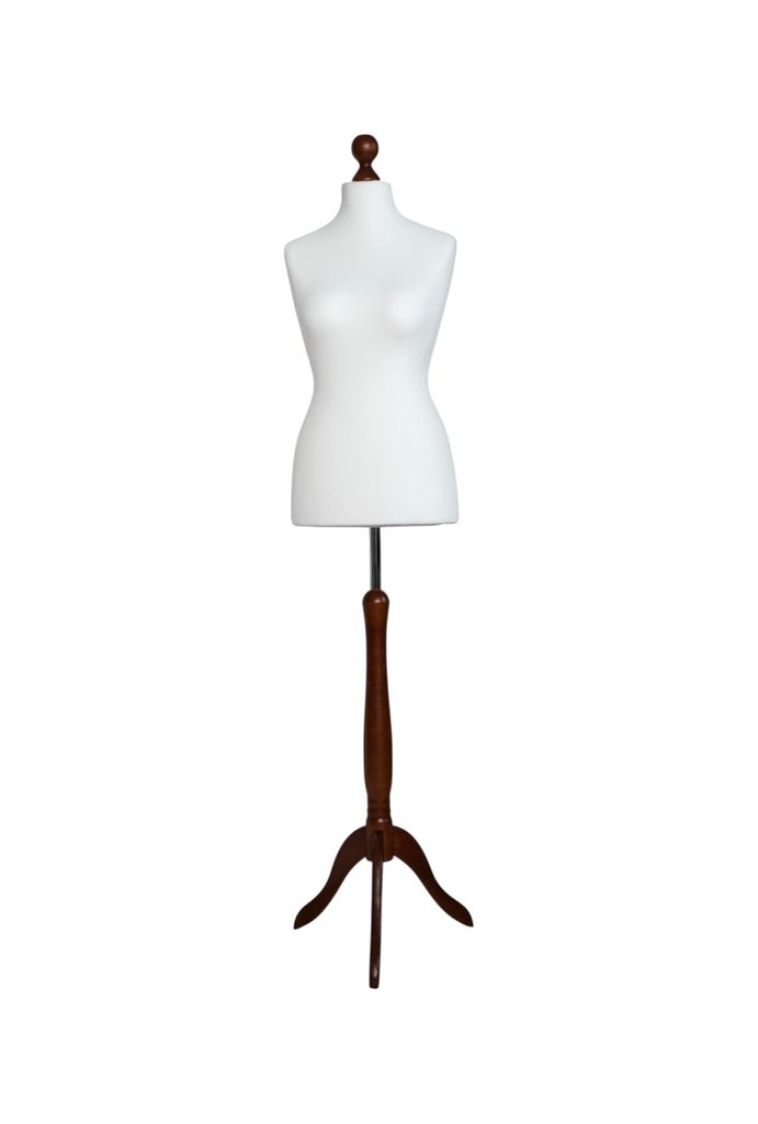 Schneiderpuppe für Damen, Schneiderbüste, Bezug - weiß, Holzständer - dunkelbraun, Größe XS 34/36
