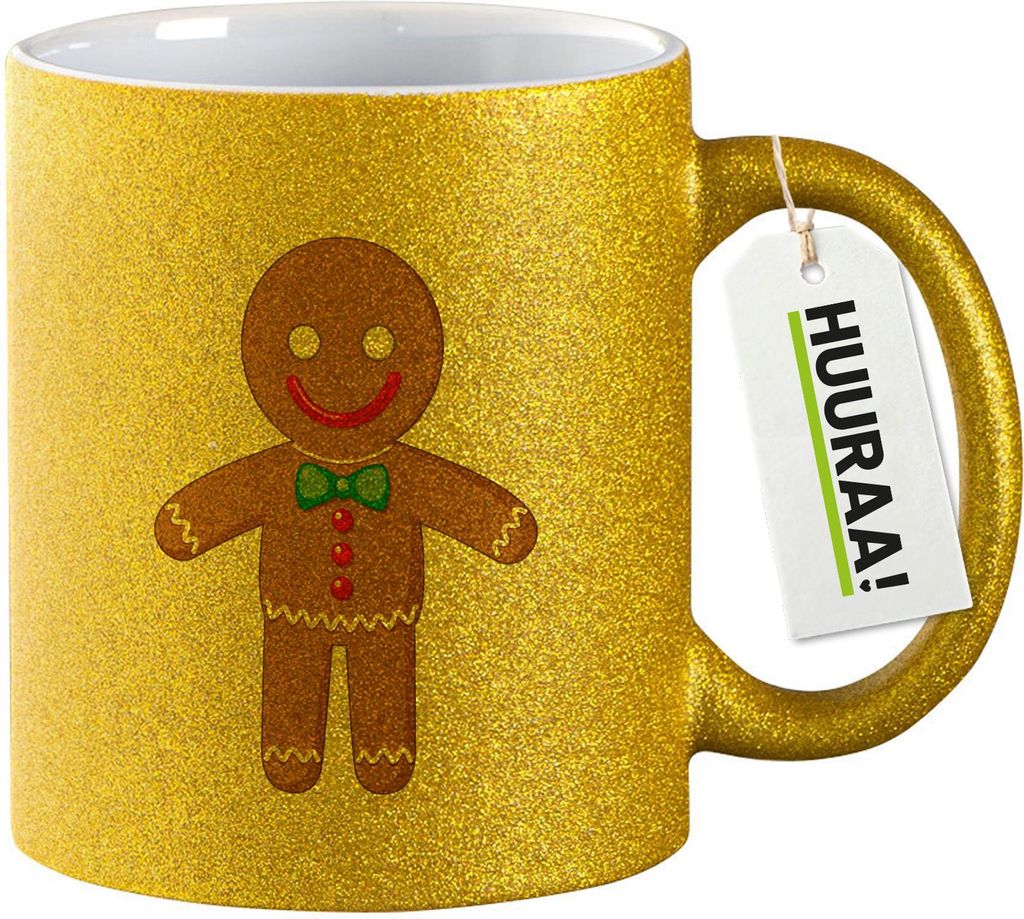 Huuraa Glitzertasse Lebkuchenmann Lebkuchenfigur 330ml Gold Keramik Kaffeebecher Geschenkidee