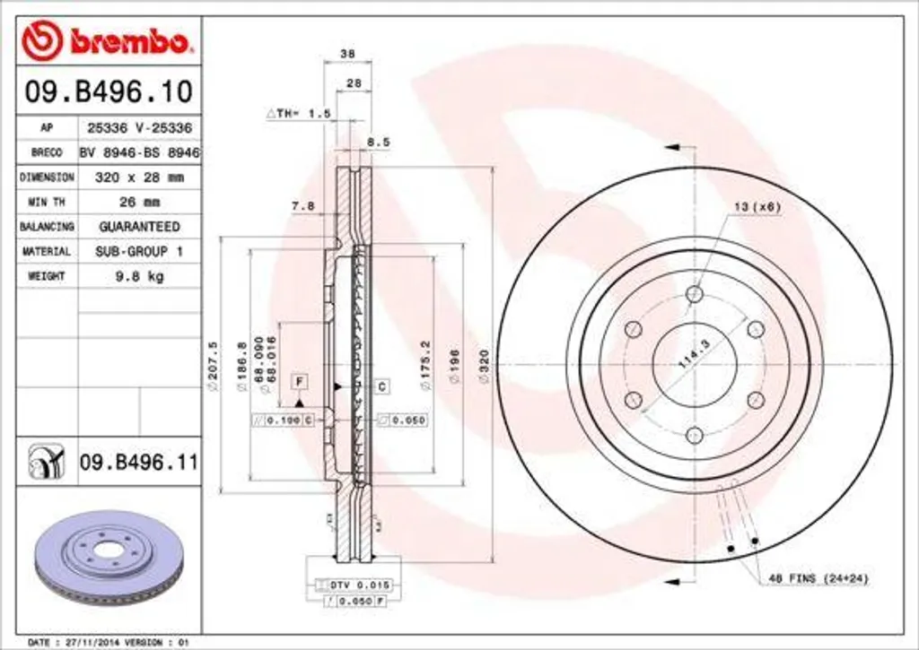 Disque de frein ventilé Brembo 09.B496.11 avec protection anticorrosion