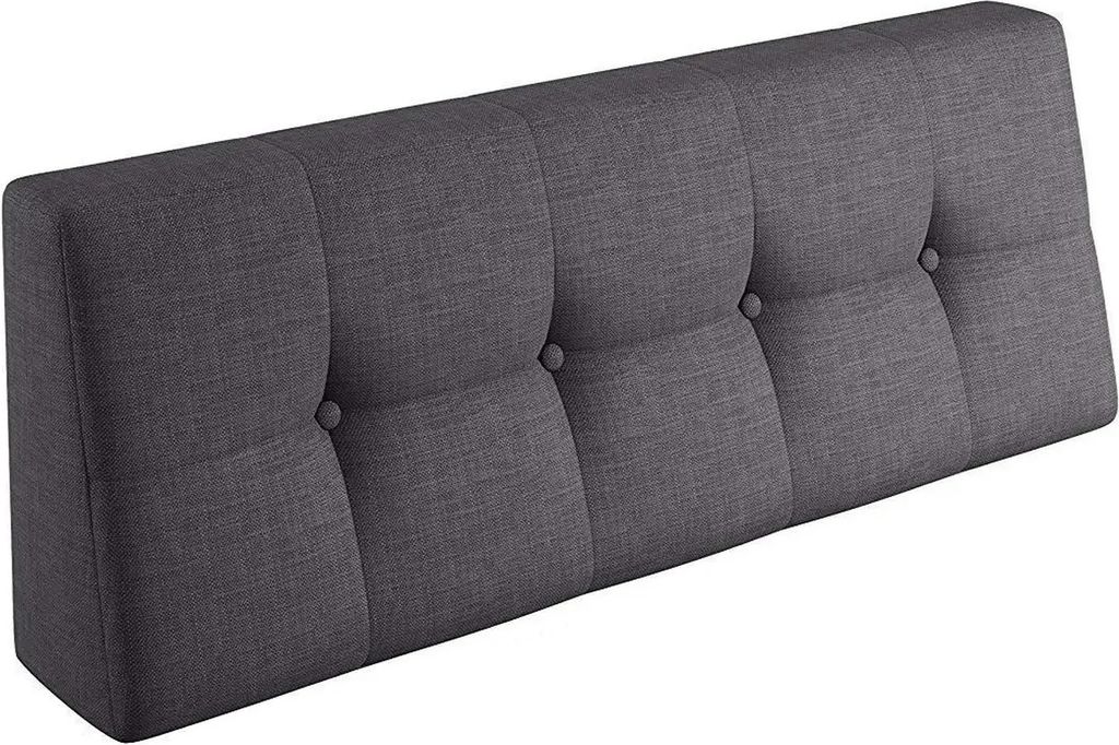 A dark gray tufted headboard is shown against a white background.