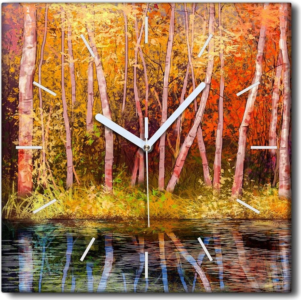 Coloray Uhr auf Leinwand 30x30 cm Wand Uhr Dekoration Wohnzimmer Segeltuch weiße Zeiger -Landschaft von Herbstbäumen