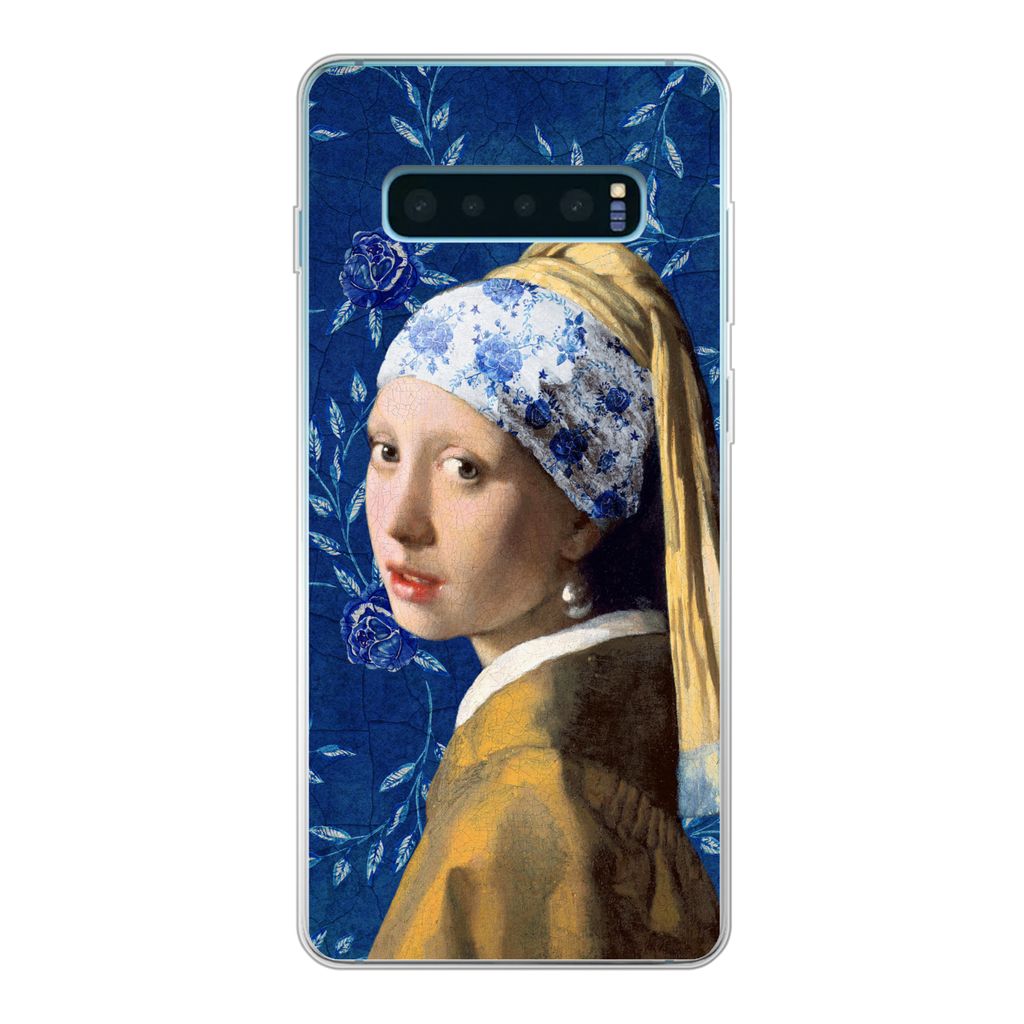 MuchoWow Handyhülle Schutzhülle Hülle für Samsung Galaxy S10 Plus Mädchen mit Perlenohrring - Delfter Porzellan - Vermeer - Blumen - Gemäld...