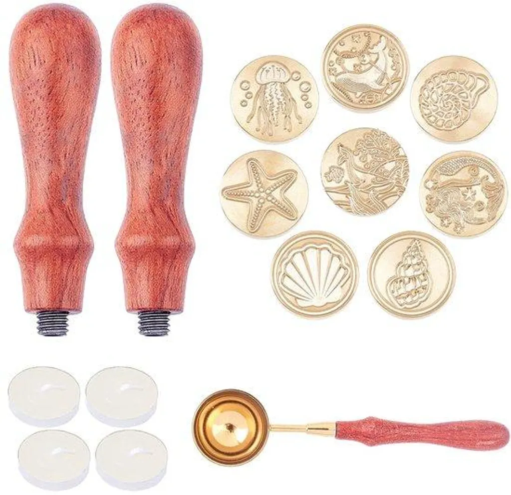 Kit de Sceau à Cire avec 8 Motifs et 2 Manches en Bois pour DIY Créatif