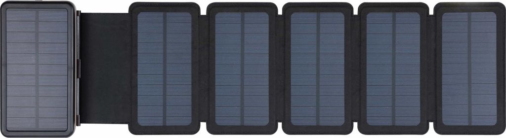 A foldable solar charger with six panels laid out flat.