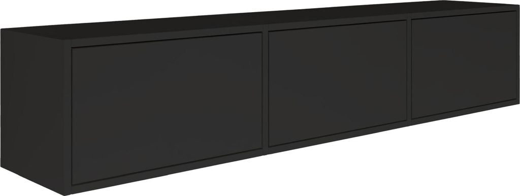 A black, three-door, wall-mounted TV cabinet is shown against a white background.
