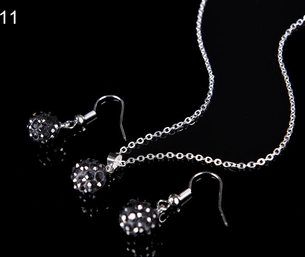 Lady Fashion Strass Anhänger Halskette Haken Ohrring Bankett Party Schmuck Set-Schwarz2