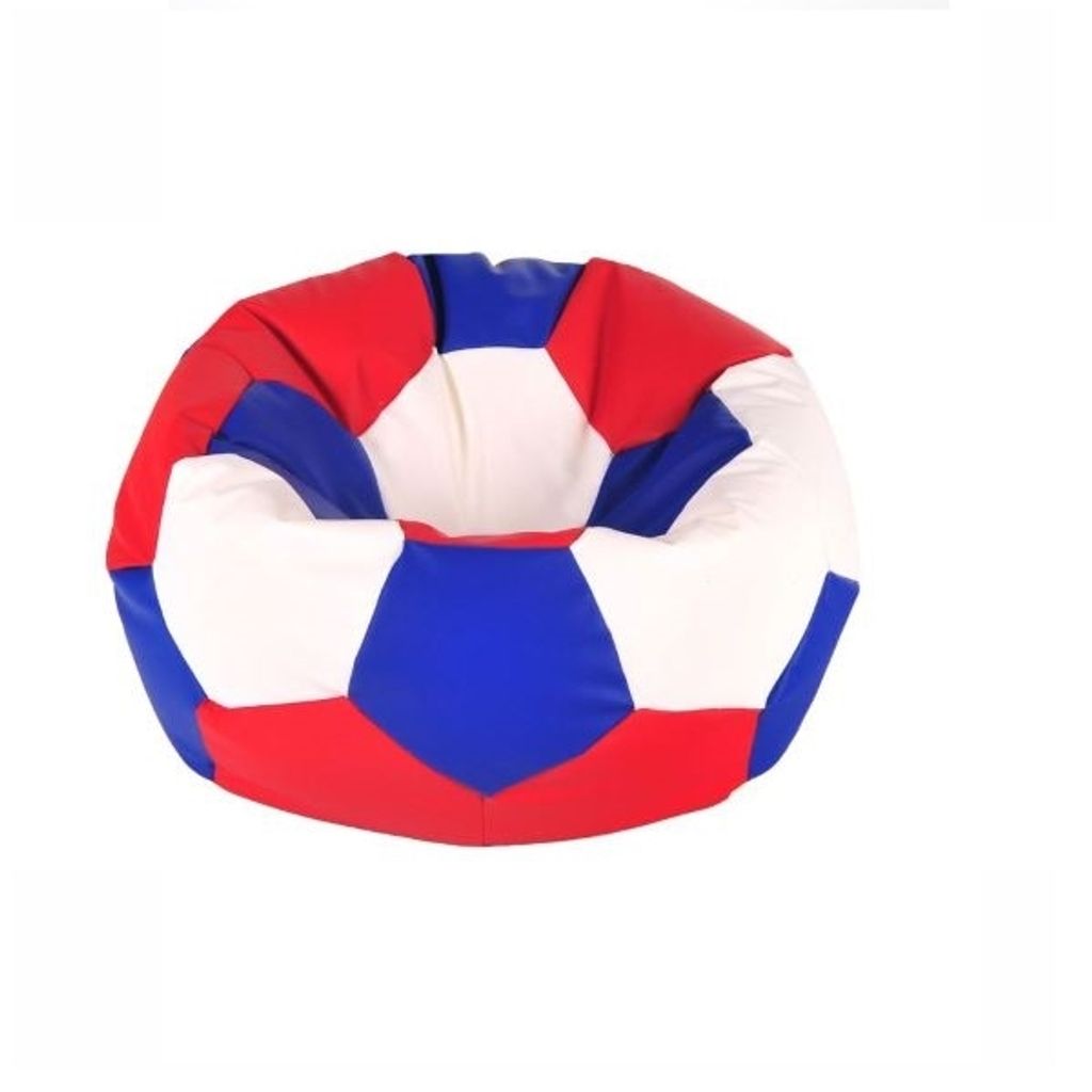 A beanbag chair shaped like a soccer ball against a white background.