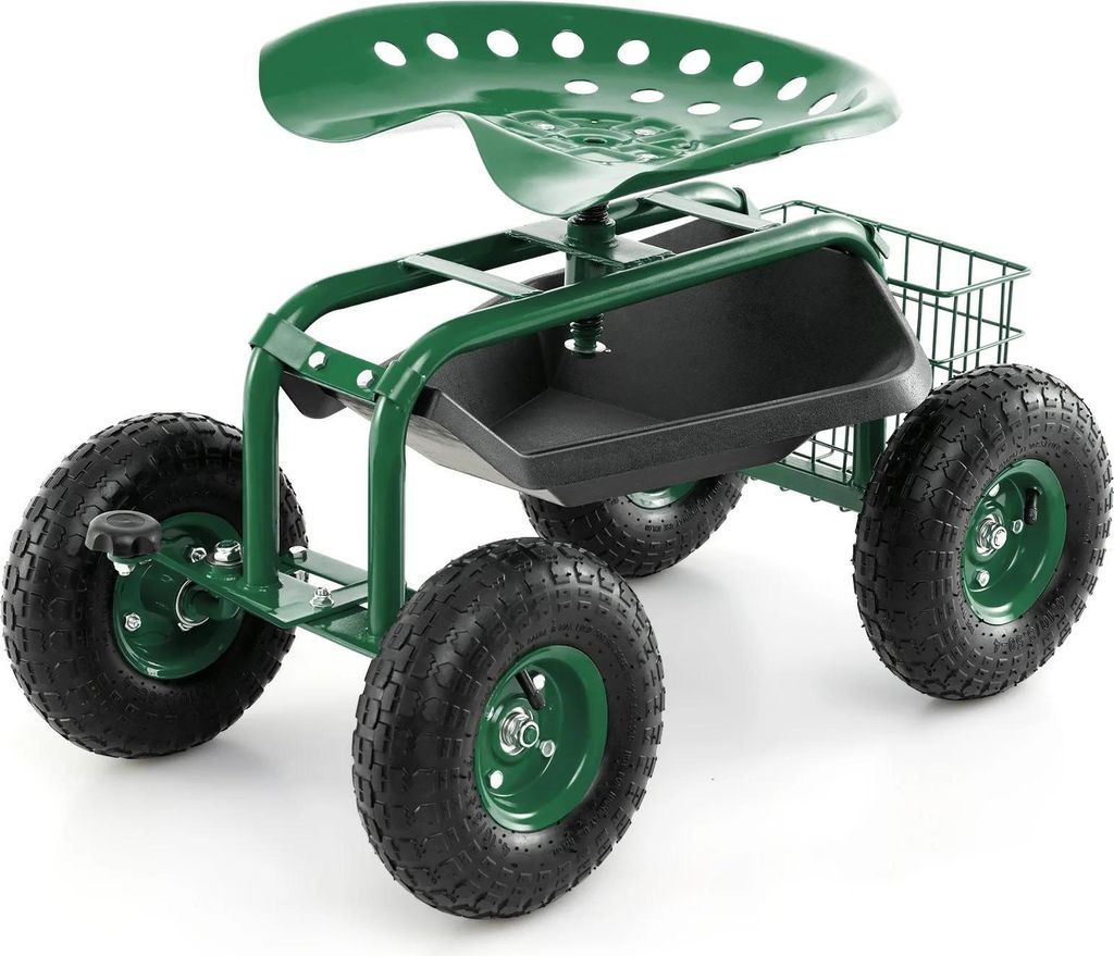 Garten Rollhocker - Mobiler Gartensitz - Auf Rädern - 360° Drehbarer Sitz - Mit Ablage und Korb - Lenkgriff - Grün