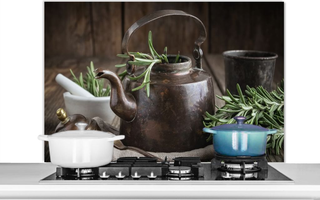 KitchenYeah Spritzschutz Küche - Küchenrückwand - Wandschutz für Herd und Spüle - Tee - Teekanne - Gewürze 100x65 - Alu-Dibond (Alternativ...