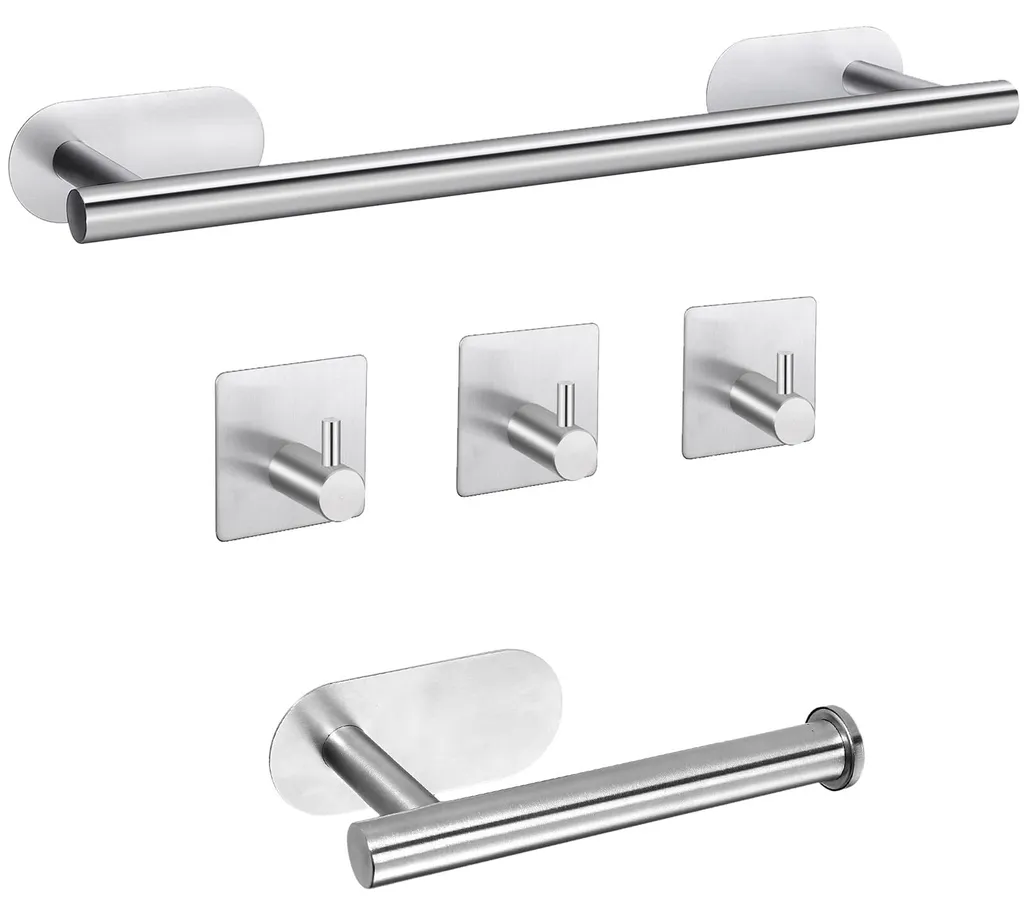Barre porte-serviettes sans perçage inox brossé avec 3 crochets muraux