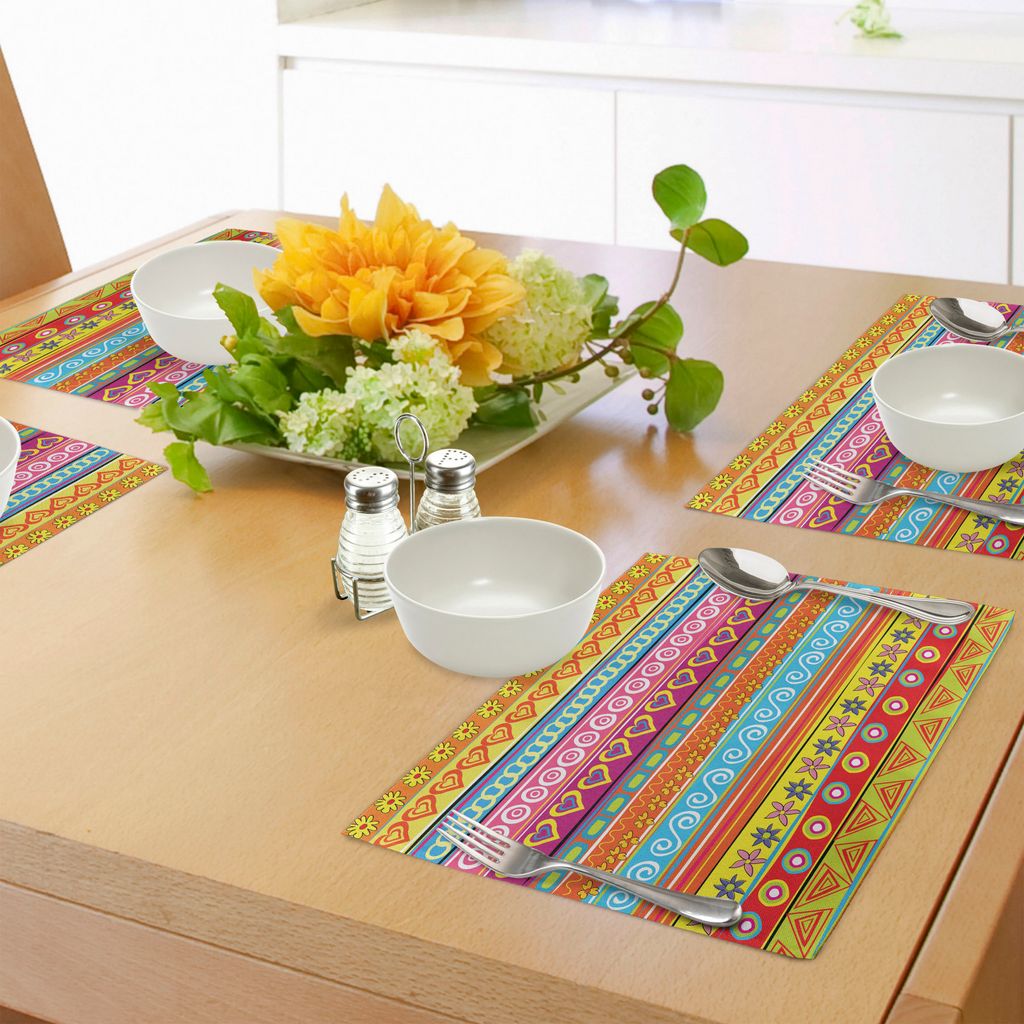 ABAKUHAUS Bunt Platzmatten, Horizontal Striped Pattern mit Herz Figuren Kreise Spiralen und Blumen Funk Artprint, Tiscjdeco aus Farbfesten Stoff f...