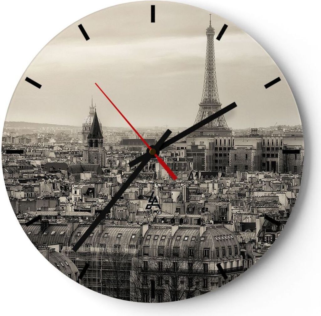 Wanduhr - Rund - Glasuhr - Paris Stadt Zuhause - 30x30cm - Schleichendes Uhrwerk - Lautlos - zum Aufhängen bereit - Dekoration Modern - Wanddekora...